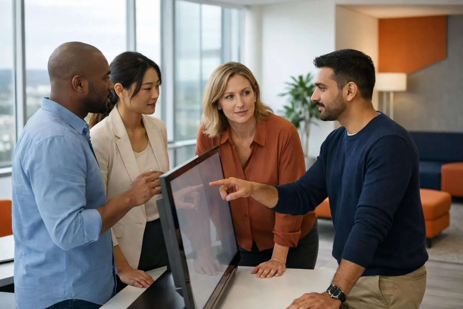 Modern office setting showing diverse professionals collaborating around a large interactive touchscreen display showcasing AI-powered website development interfaces and application prototypes, with floating holographic UI elements representing code snippets and design tools, natural lighting through floor-to-ceiling windows, realistic photography style