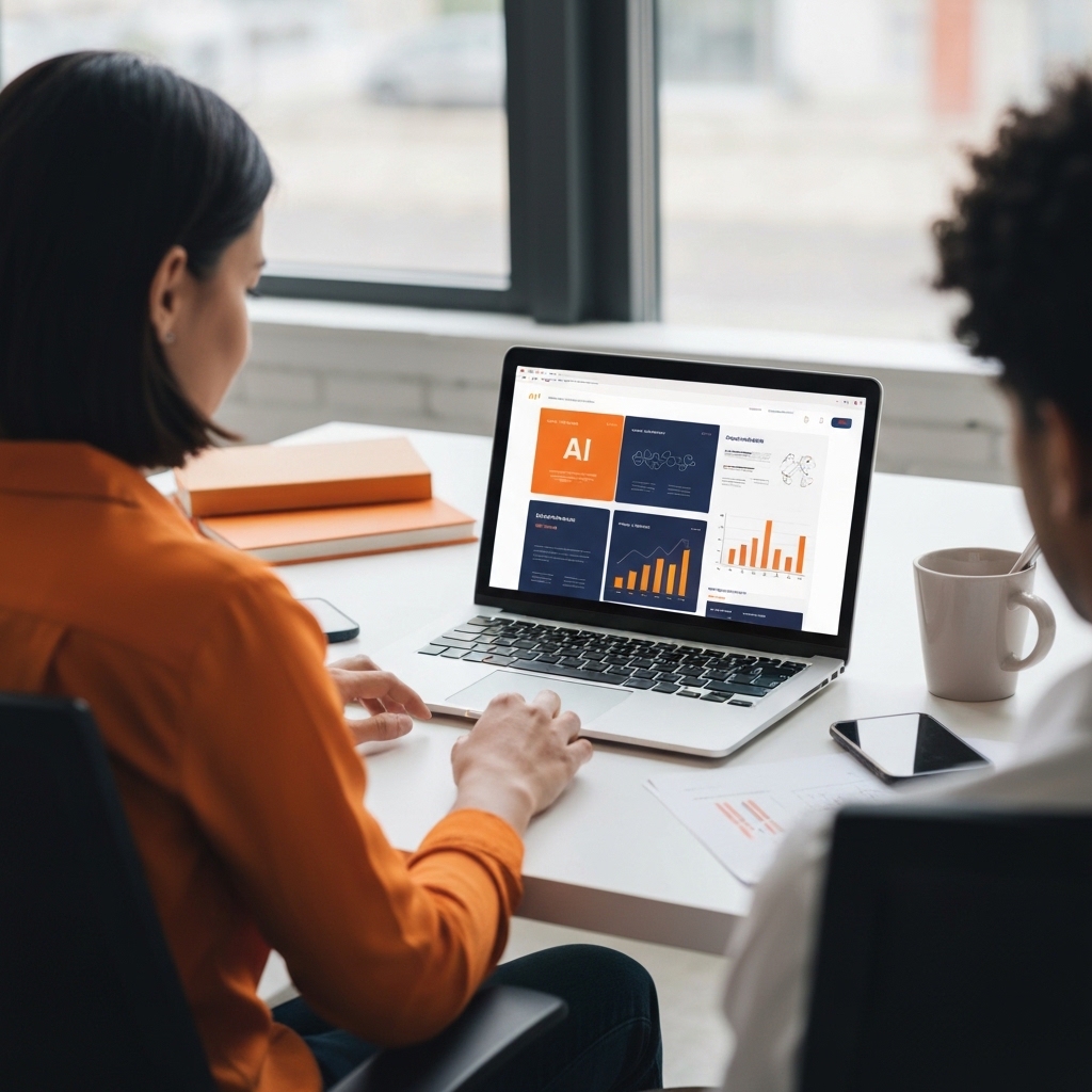 Marketing professional sitting at modern desk working on laptop computer, screen displaying colorful landing page layouts with subtle AI interface elements and neural network visualization overlays in background, natural office lighting, contemporary workspace, photorealistic style