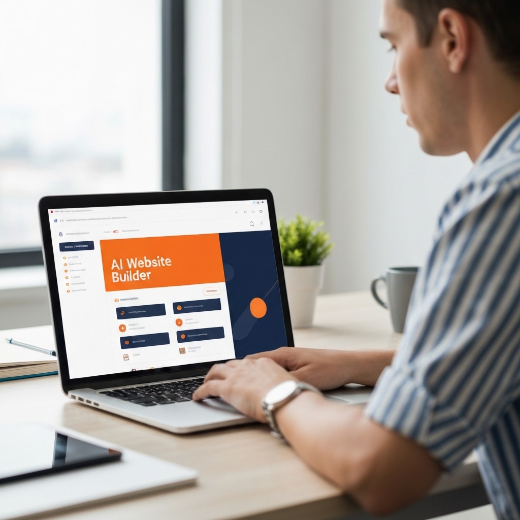 Professional entrepreneur working on laptop displaying AI website builder interface in modern minimalist office with natural lighting and clean workspace setup