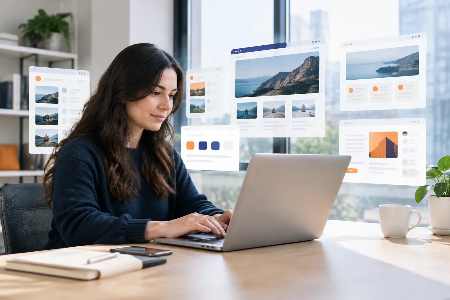 Woman working on laptop amid floating travel website interfaces