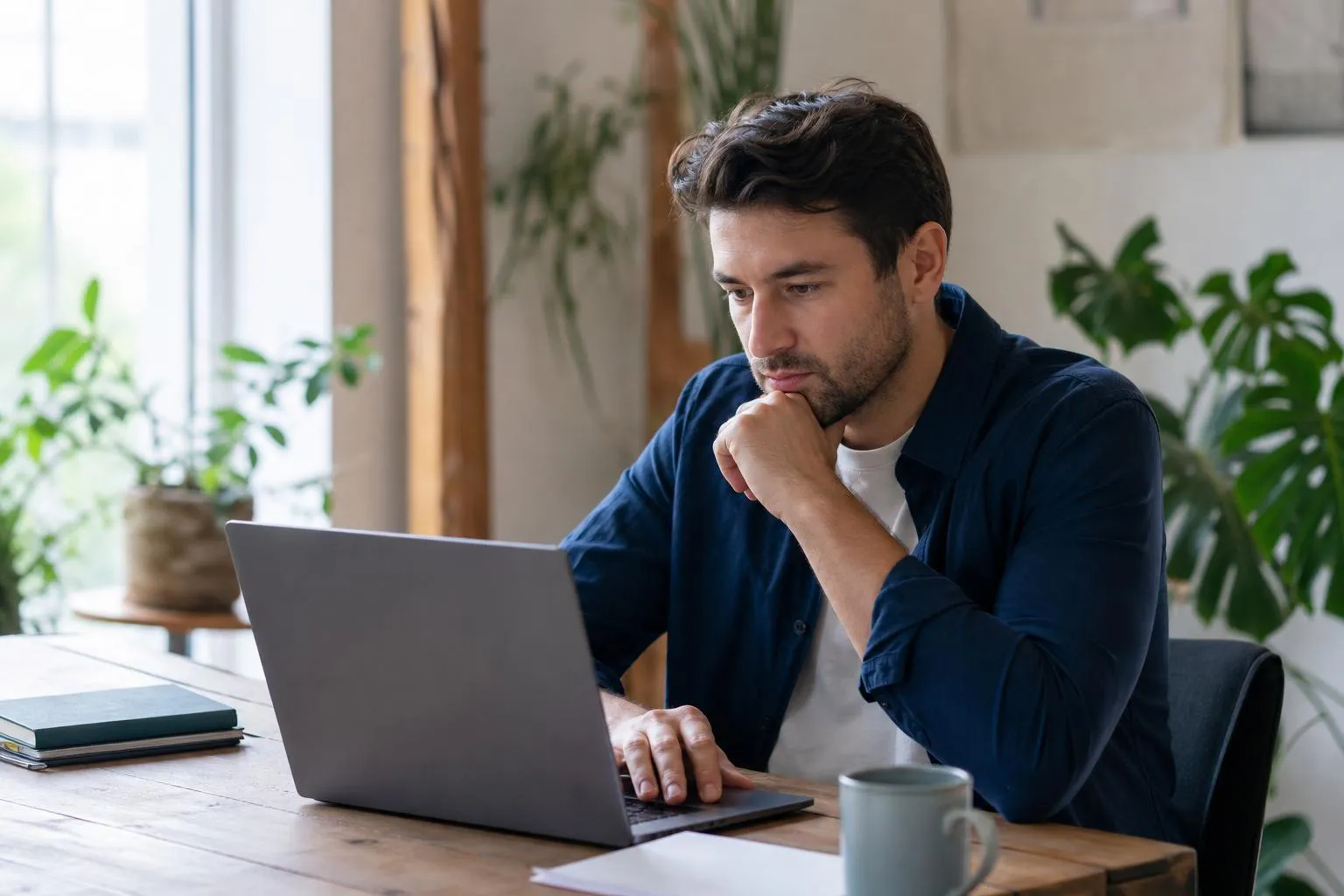Man thoughtfully working on laptop at home desk