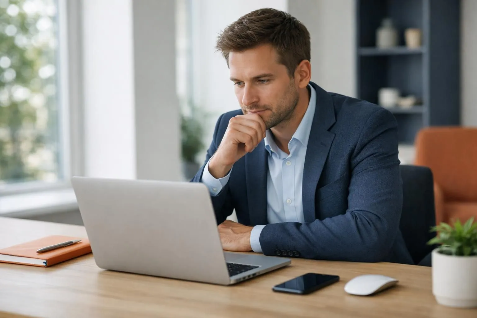 Entrepreneur at modern desk watching laptop screen display AI interface generating website wireframes in real-time, holographic design elements floating above keyboard, professional office environment with natural lighting, realistic photography style showing AI-powered web development workflow