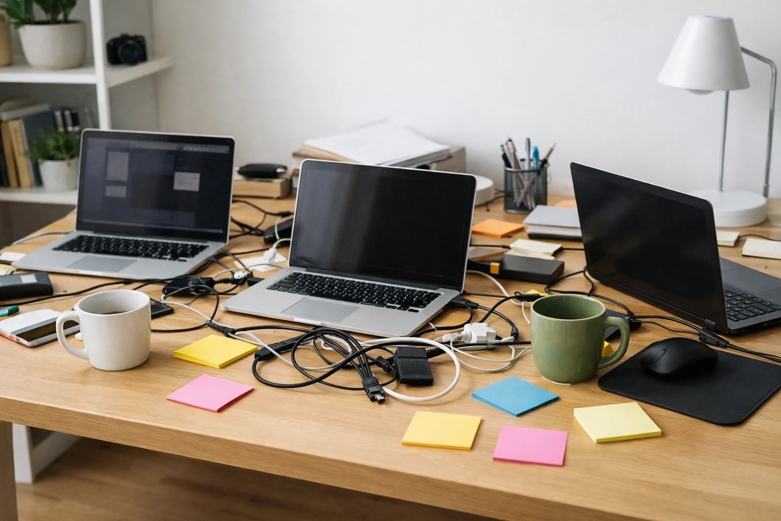Frustrated entrepreneur at desk surrounded by multiple open laptop screens showing confusing website builder dashboards, tangled cables, sticky notes with technical instructions, coffee cups, depicting the overwhelming complexity of traditional course platform setup in a modern home office