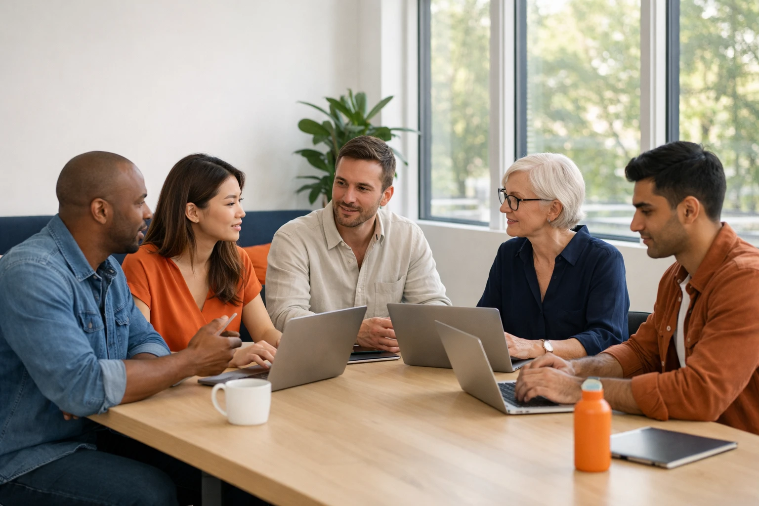 Diverse group of entrepreneurs gathered around laptops in bright modern coworking space, discussing website building tools and comparing screens showing various AI platforms, natural lighting from large windows, collaborative atmosphere focused on digital tools