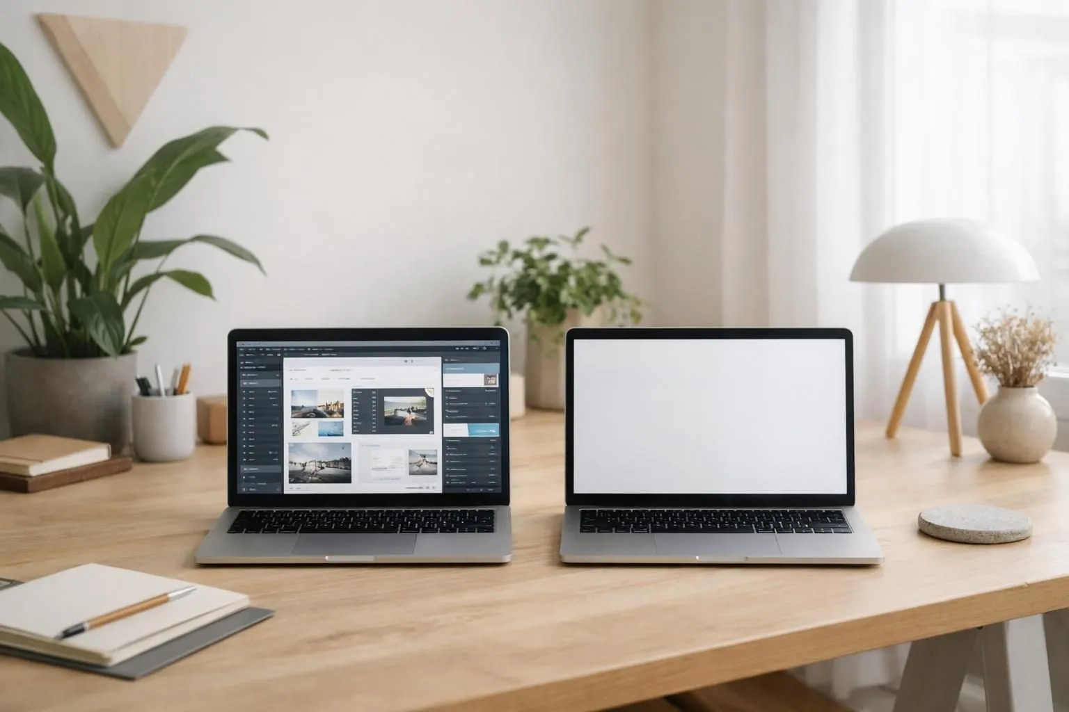 Modern entrepreneur sitting at desk comparing two laptop screens side by side - one showing a complex traditional website builder interface with multiple menus and settings, the other displaying a clean AI-powered website builder with automated suggestions, in bright contemporary office setting with plants, natural lighting streaming through windows