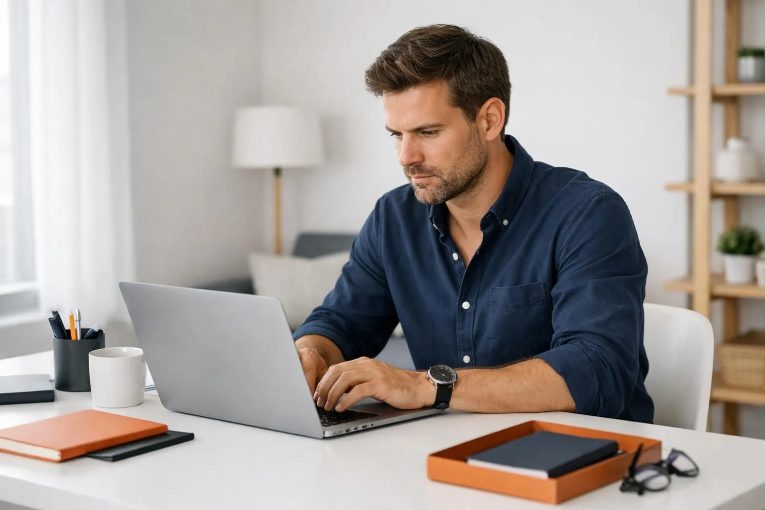 Professional entrepreneur working on laptop with modern dashboard interface showing AI website builder elements, in bright office setting with clean desk setup and focused expression while accessing digital platform