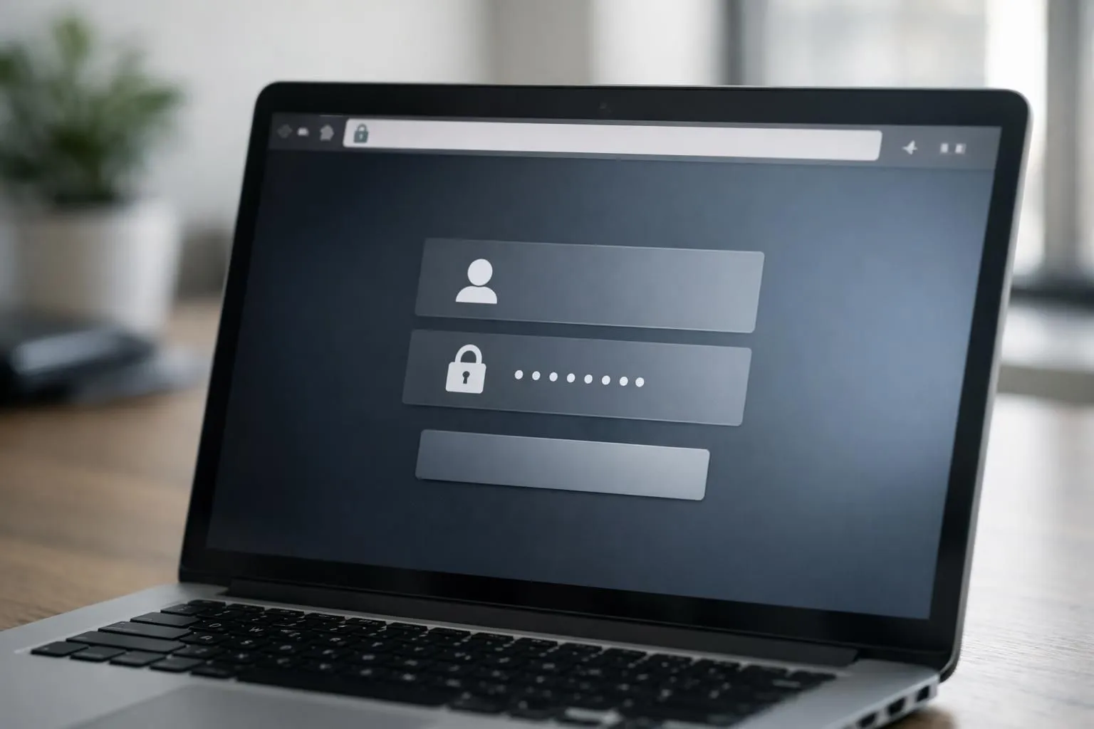Close-up view of a laptop screen displaying a modern login interface with security indicators visible in the browser address bar, showing padlock icon and HTTPS protocol, professional office environment with soft natural lighting, focus on screen authentication elements and secure connection symbols