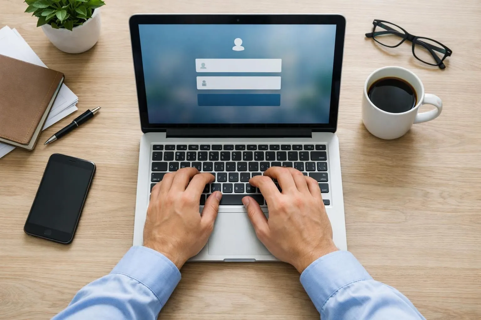 Close-up view of hands typing login credentials on a laptop keyboard with a modern website interface visible on screen, displaying email and password input fields with a visible eye icon toggle for password visibility, professional office setting with natural lighting, realistic photography style, no text or labels visible on screen
