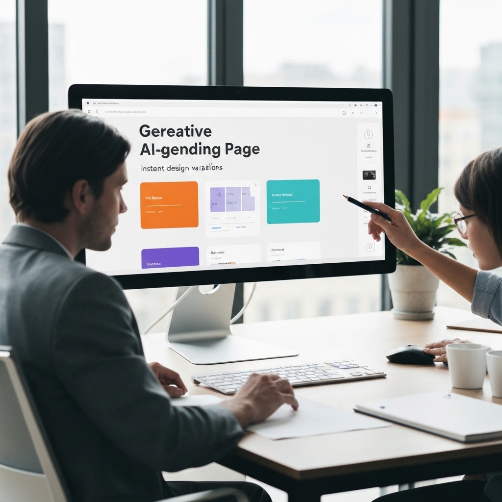 Professional marketer reviewing multiple AI-generated landing page designs on large monitor in modern office, sleek interface showing instant page variations, natural daylight streaming through windows