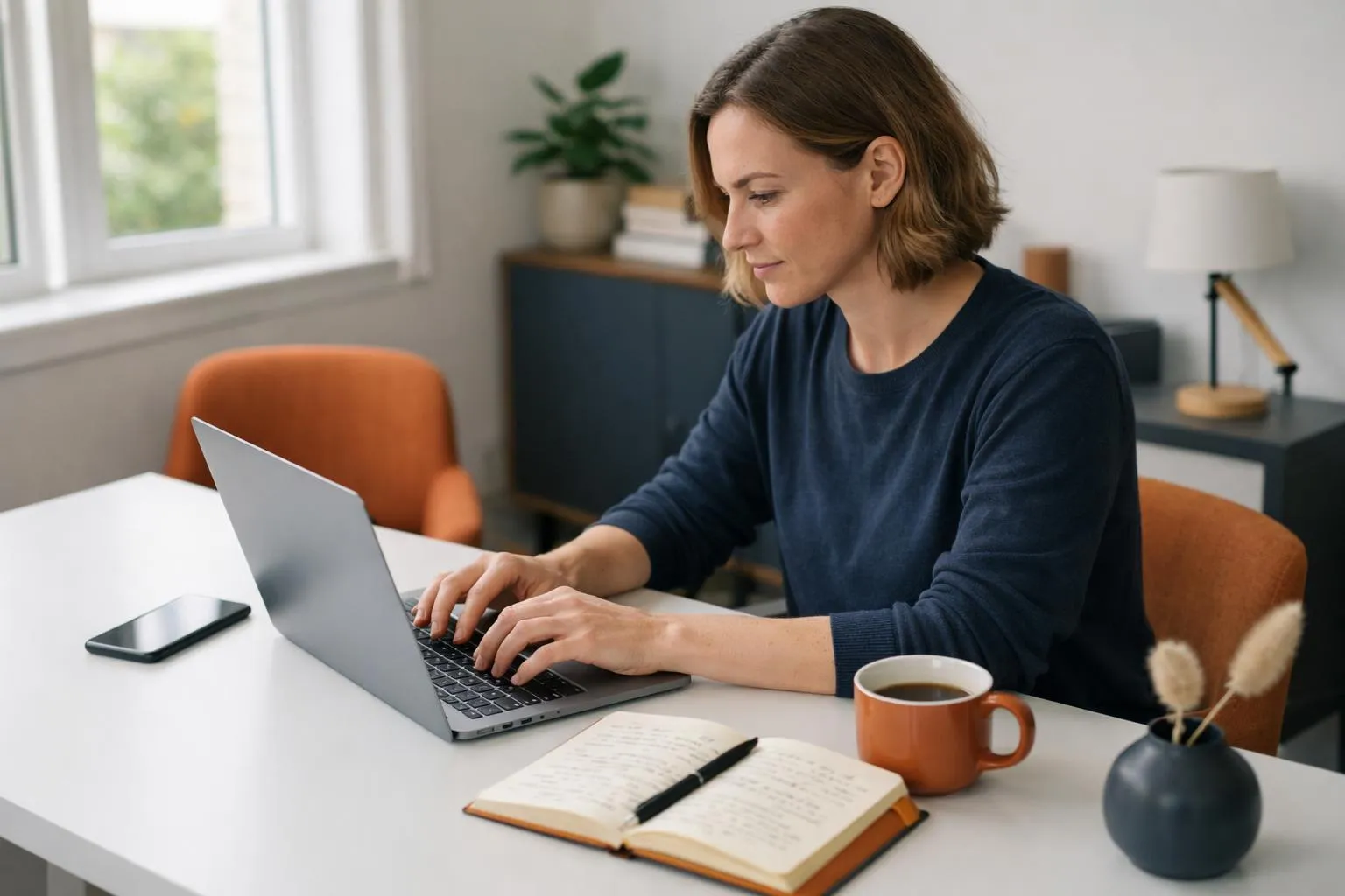 A person working on a laptop at a home office desk.