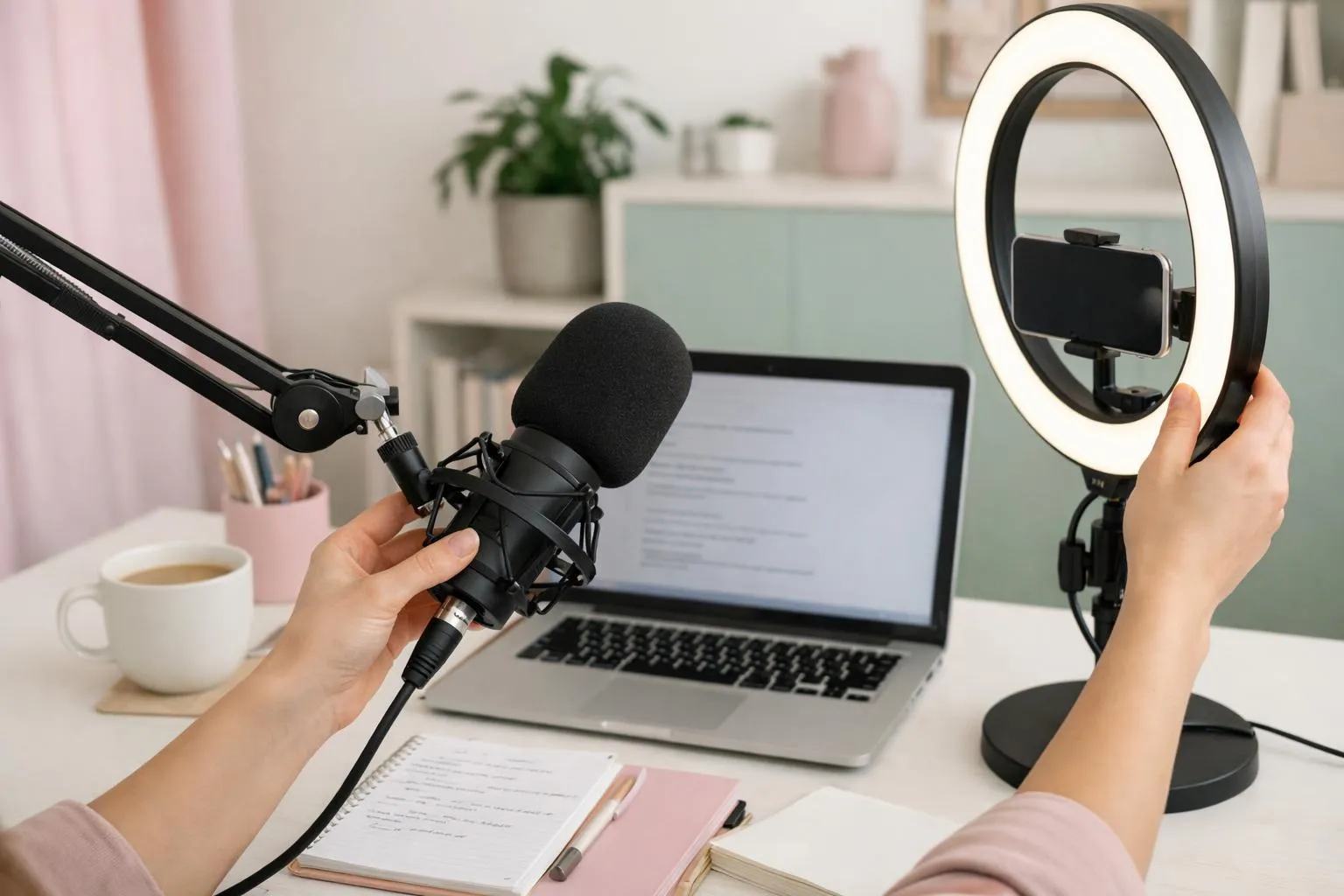 Laptop, microphone, ring light, notebook, and coffee mug on a desk.