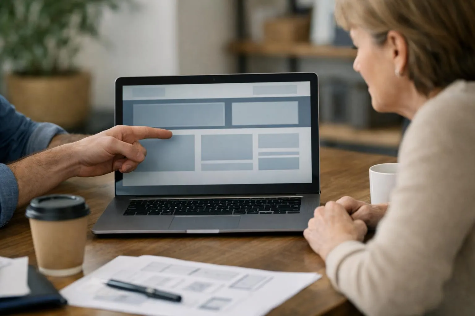 Two people reviewing website layout on laptop screen.