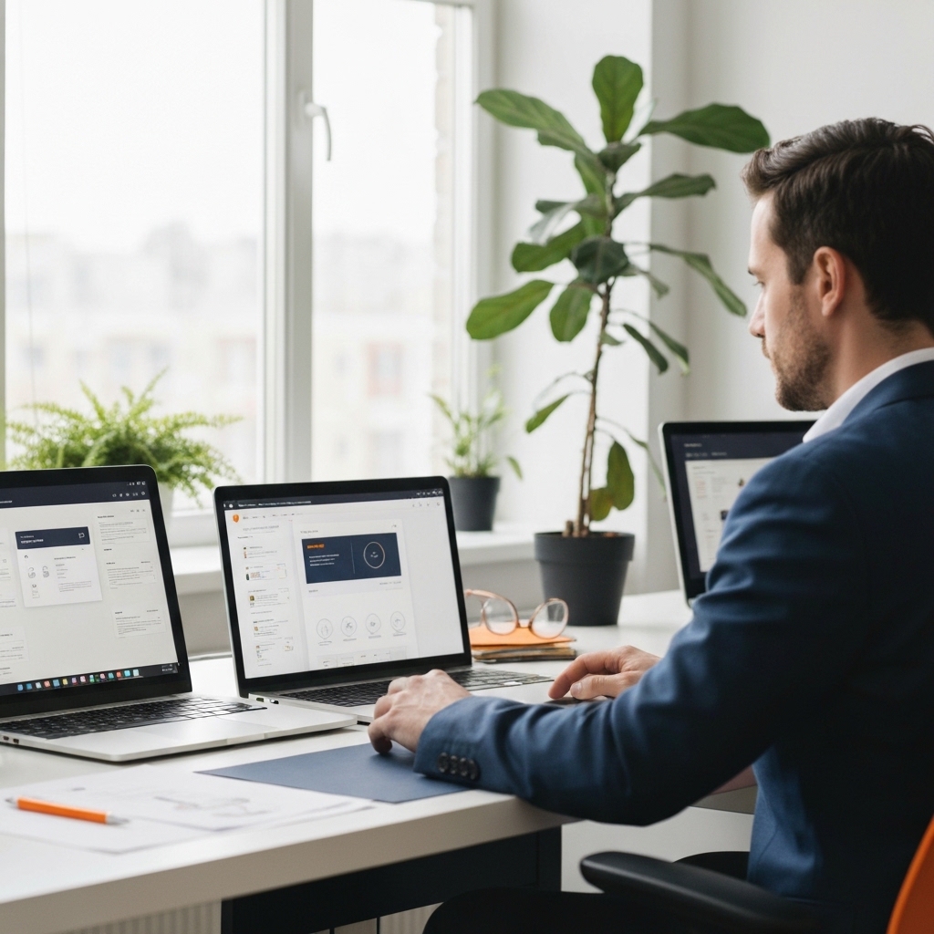 Business professional sitting at modern desk reviewing two laptop screens displaying different website builders, natural office lighting with plants in background