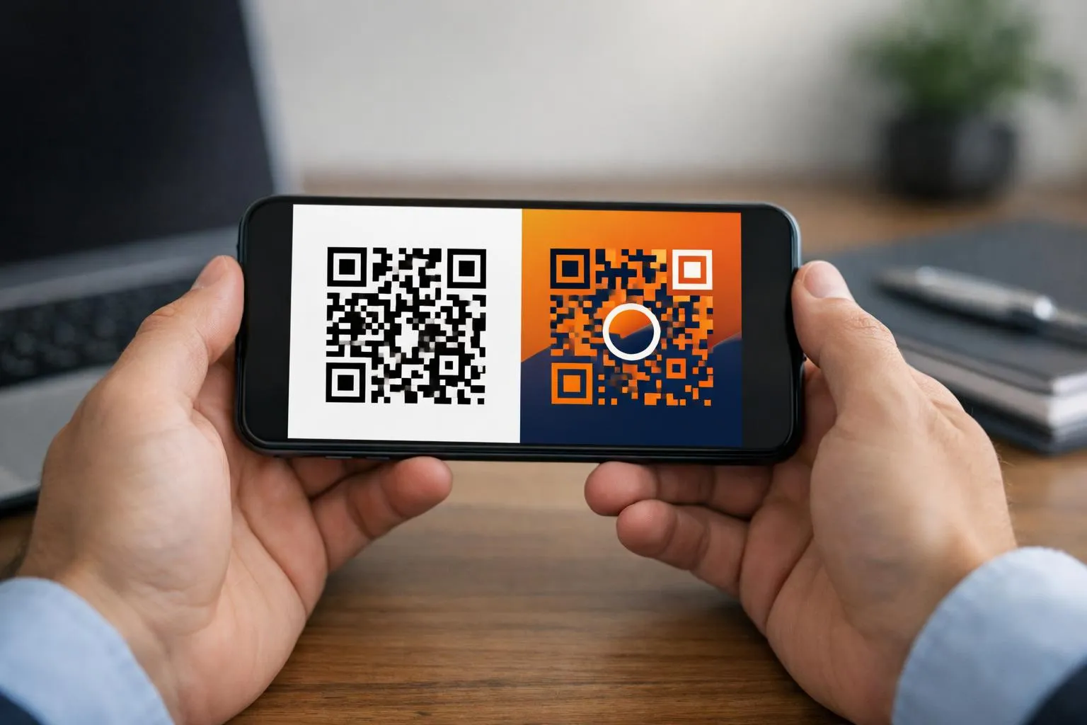 Smartphone displaying two QR codes on a wooden surface.