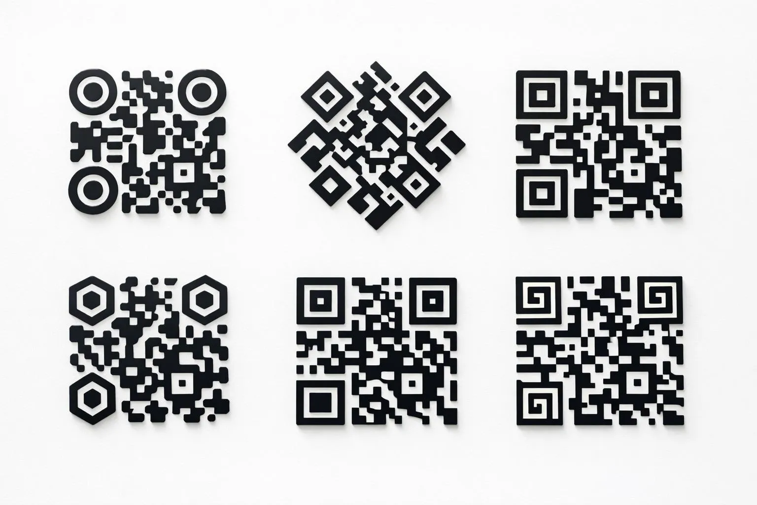 QR codes, abstract geometric patterns, black and white design.