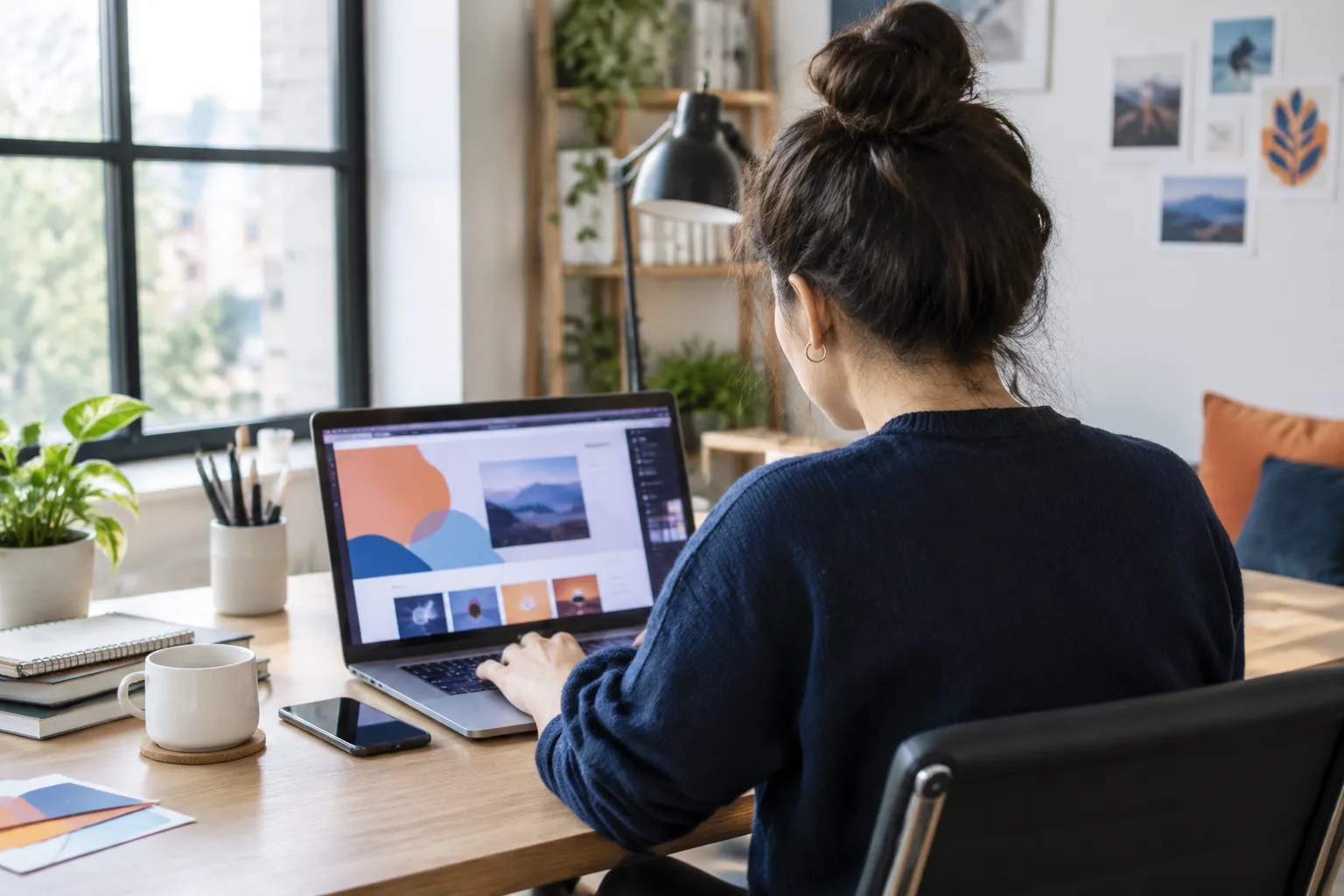 Woman working on laptop at a bright home office desk