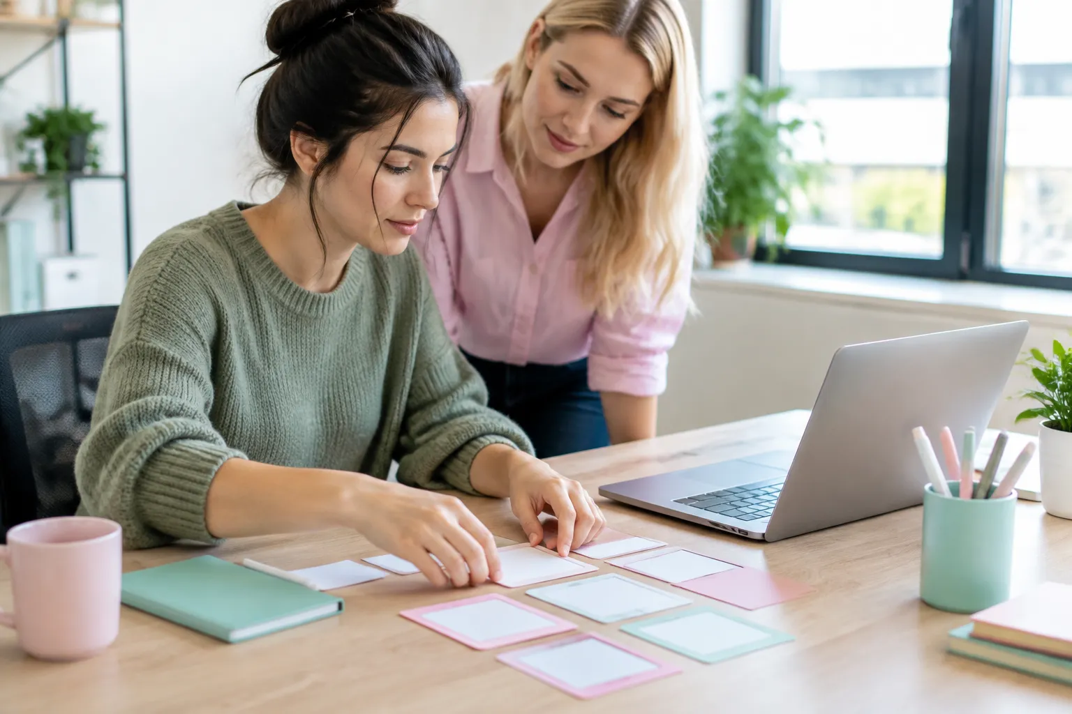 Two women collaborating on colorful cards beside a laptop