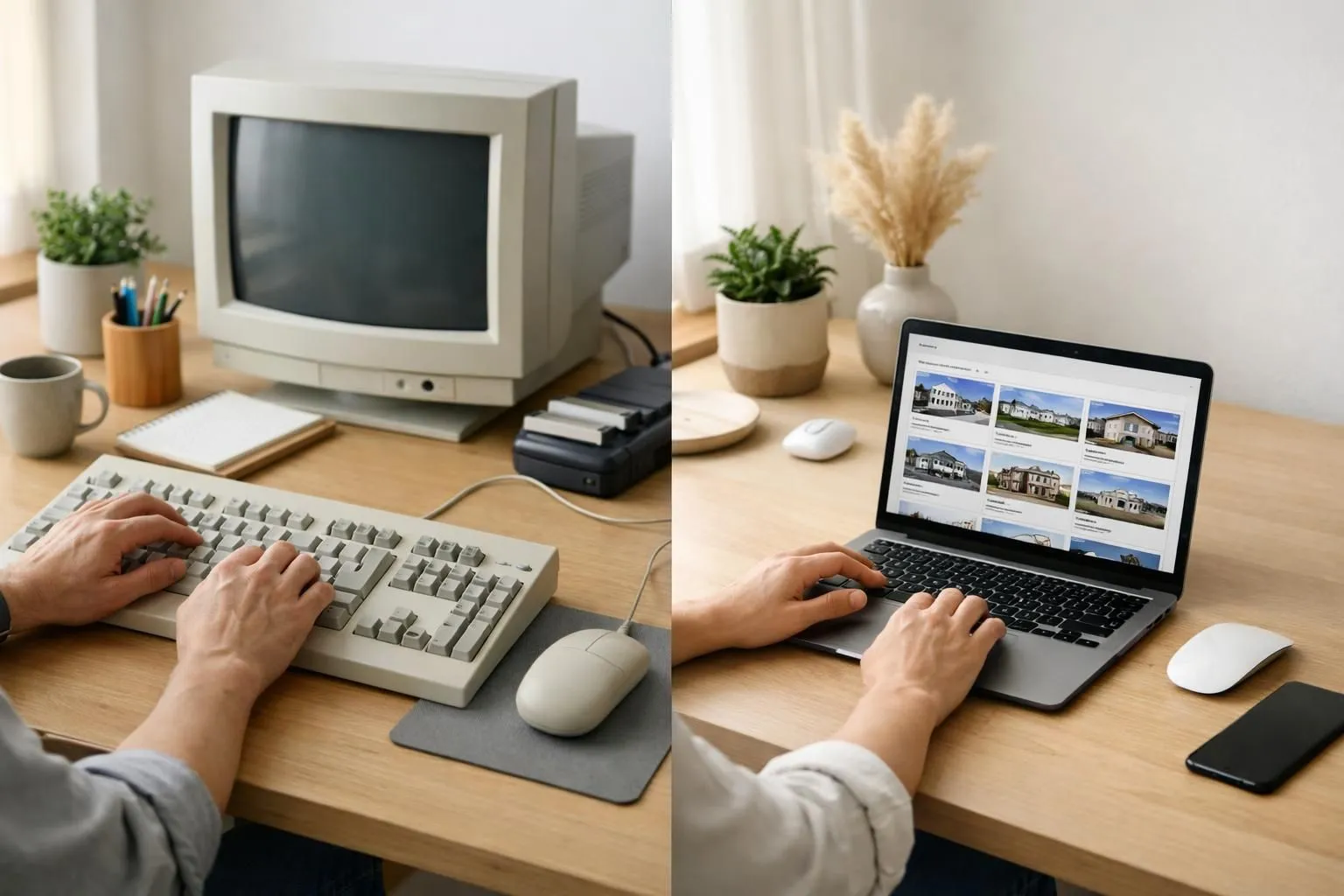 Split-screen visualization showing a stressed real estate agent manually typing property details on an old computer on the left side, contrasted with an AI-powered interface automatically populating property listings with photos and data on a sleek modern laptop on the right side, representing the transformation from manual work to AI automation in real estate website management