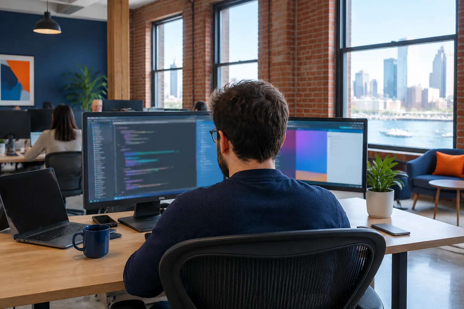 Developer working at dual monitors in bright modern office
