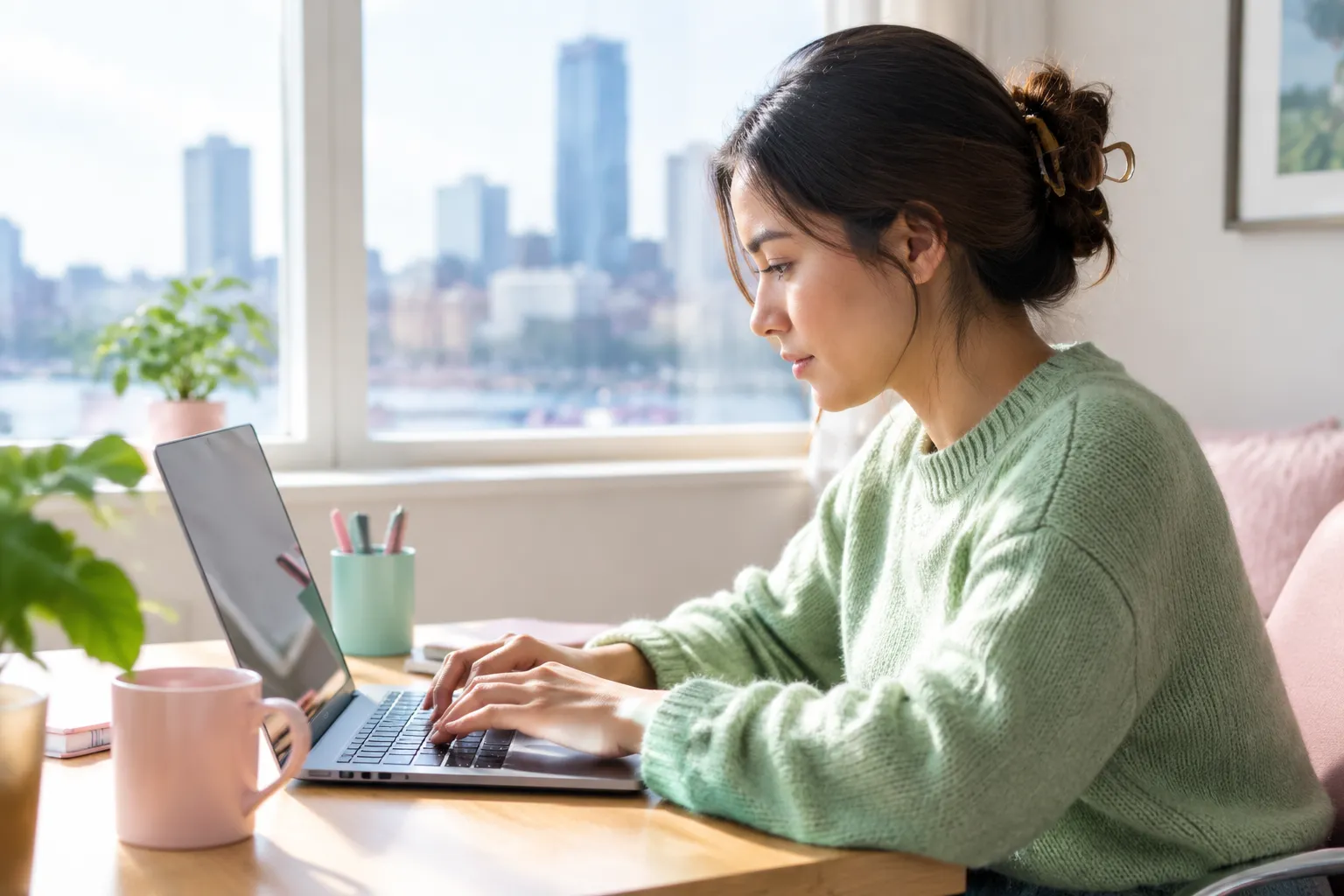 Woman typing on laptop beside window overlooking cityscape