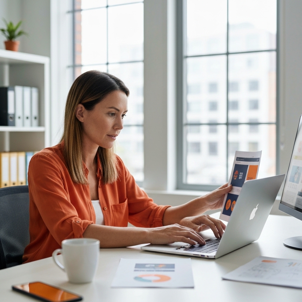 Entrepreneur working on laptop in modern minimalist office, natural lighting through large windows, focused expression while reviewing website layouts on screen