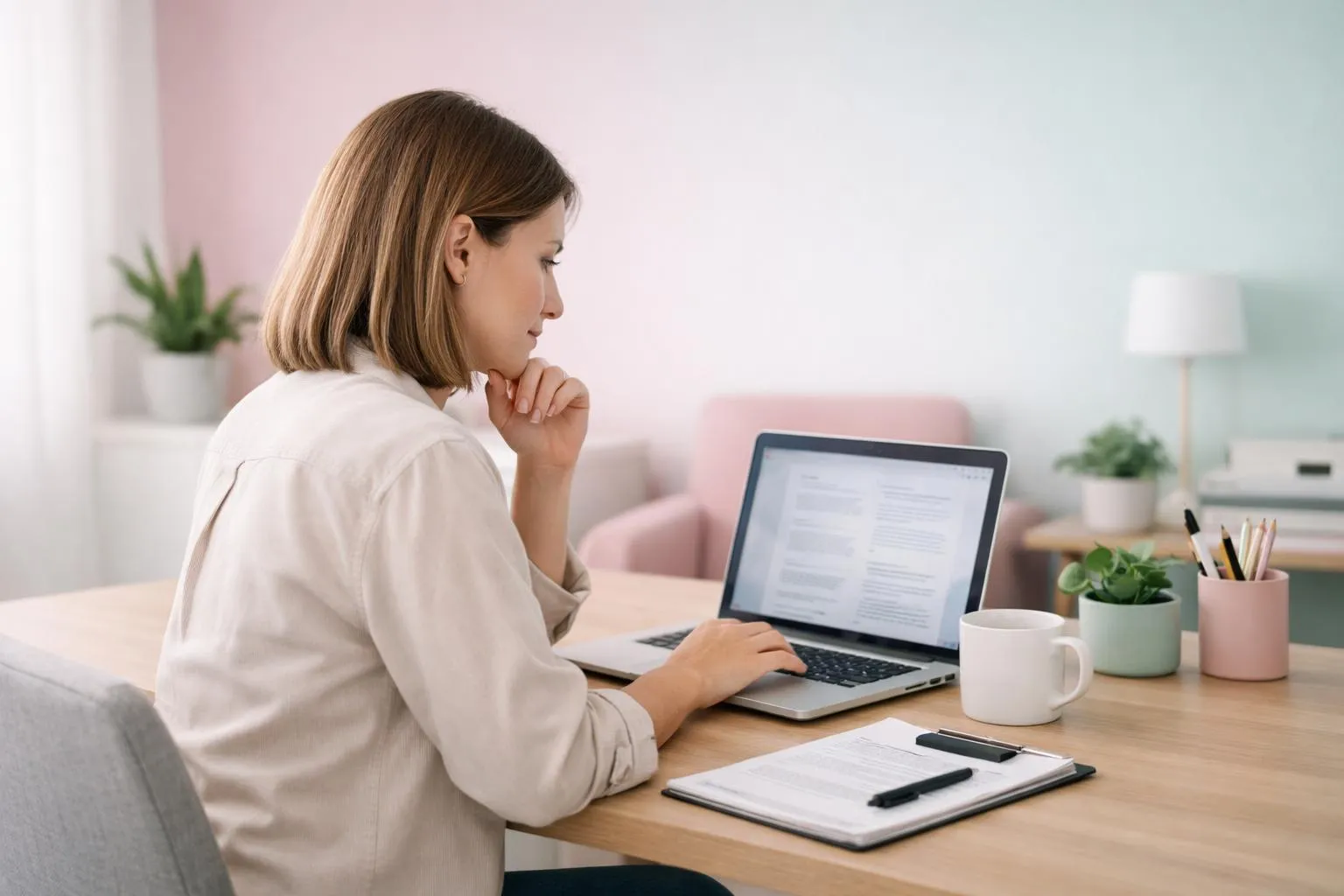 A woman working on a laptop in a home office.