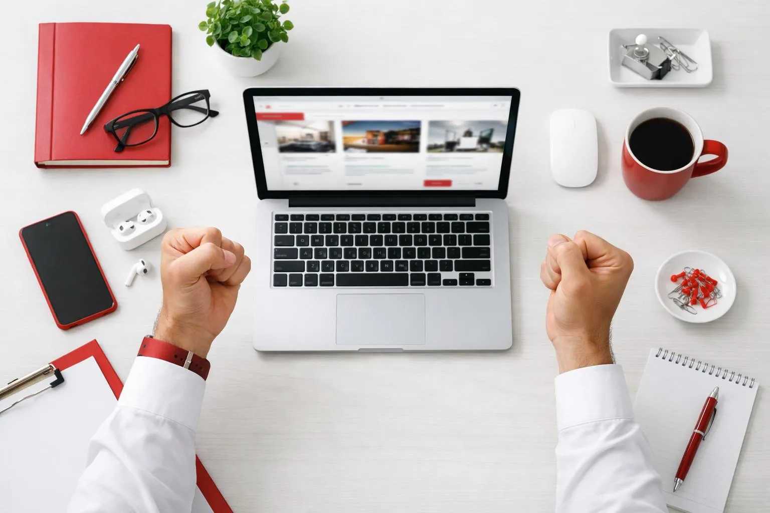 Laptop, office supplies, and hands on a white desk.