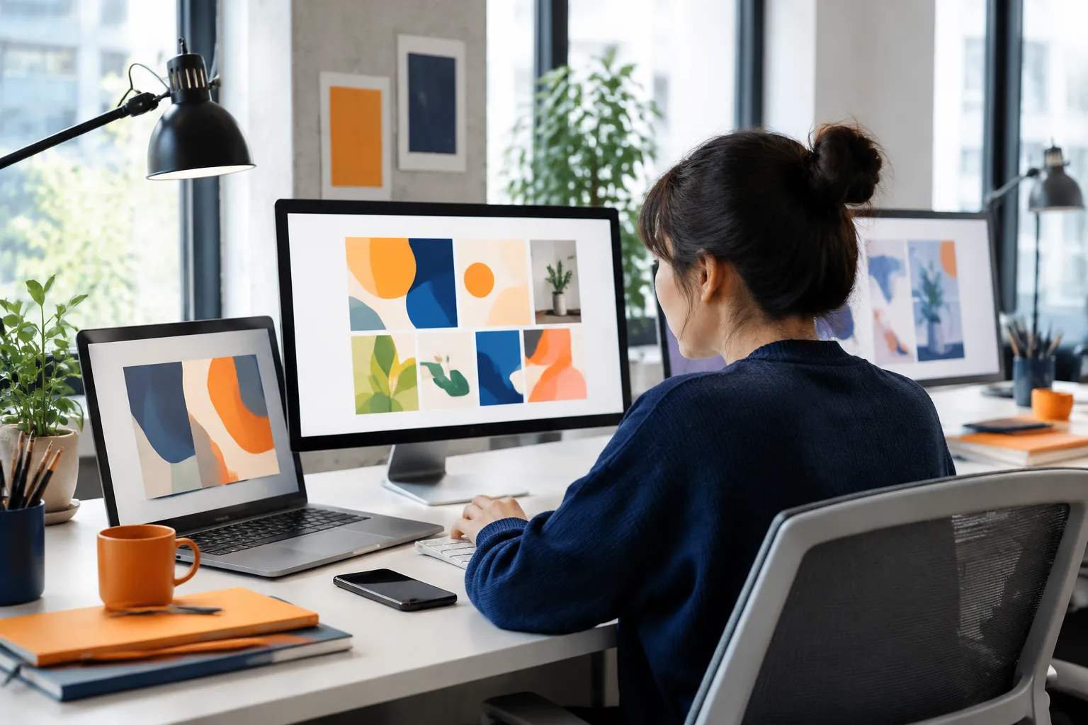 Designer working at dual monitors displaying colorful abstract artwork