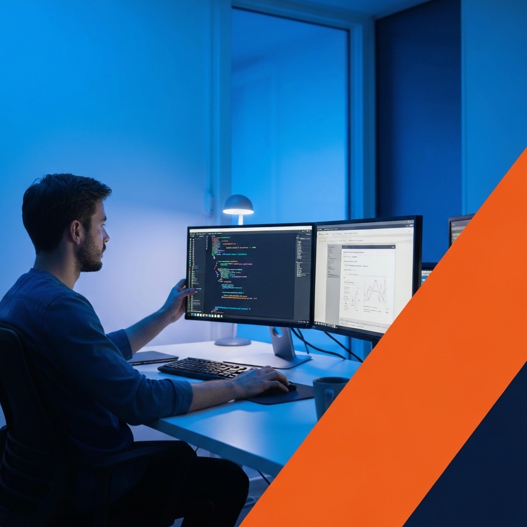 Software developer reviewing code on dual monitor setup in modern tech workspace, ambient blue lighting