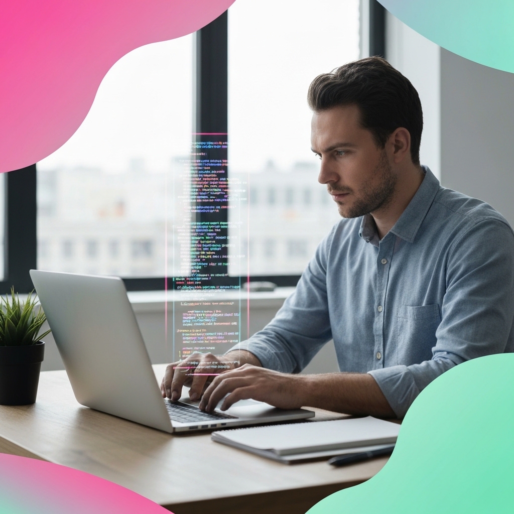 Modern workspace with developer typing on laptop, holographic code projections floating above keyboard, sleek minimalist office environment with natural lighting