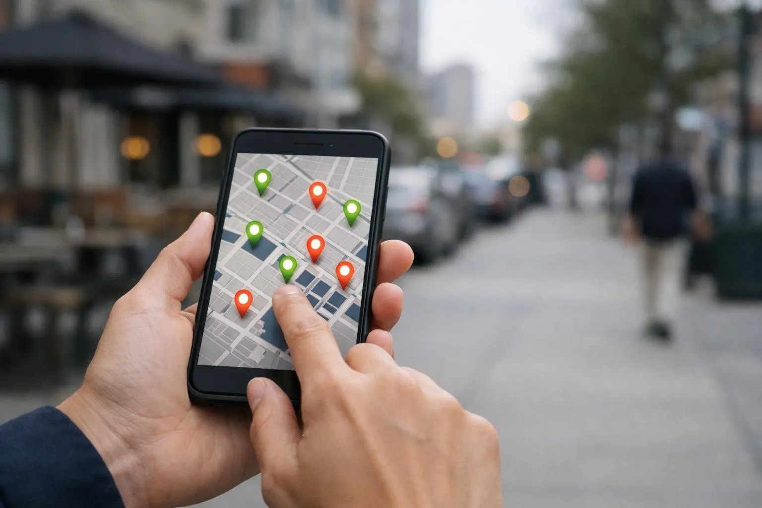 Smartphone displaying a city map with location markers.