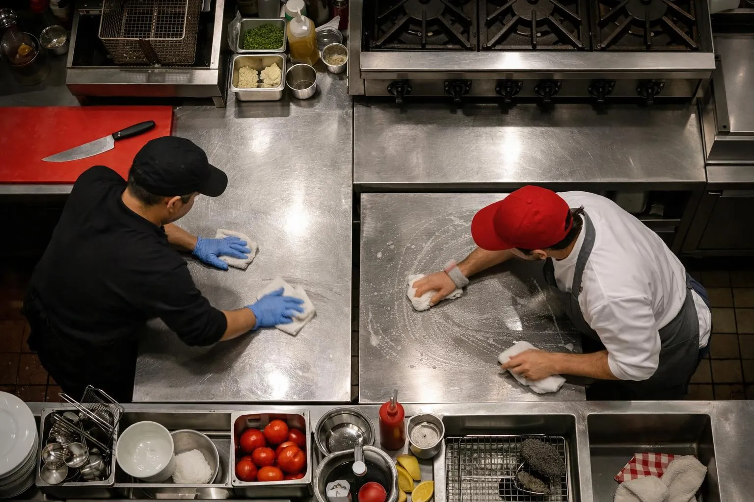 Busy kitchen with chefs cleaning and preparing ingredients.