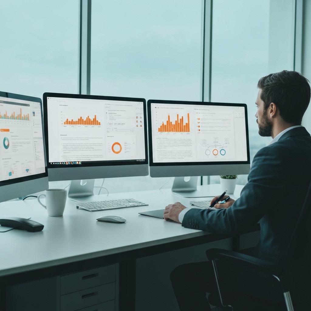 Professional marketer analyzing SEO dashboard data on multiple computer screens showing graphs and analytics, modern office environment with digital interface elements, realistic photography style focused on website optimization tools and AI-powered analytics