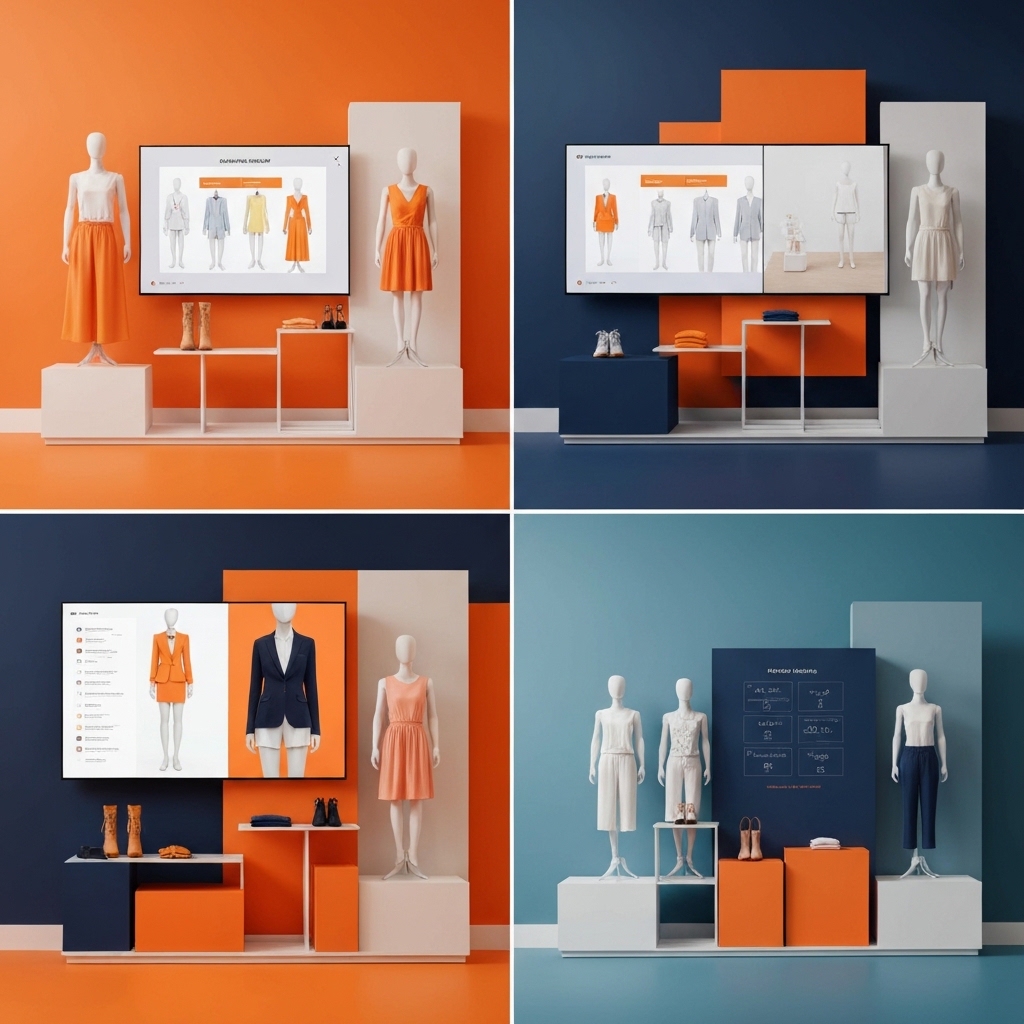 Split-screen fashion retail environment showing left side with traditional mannequin displays and static shelving versus right side with interactive digital screens displaying AI-curated outfit combinations and virtual fitting technology in modern boutique setting