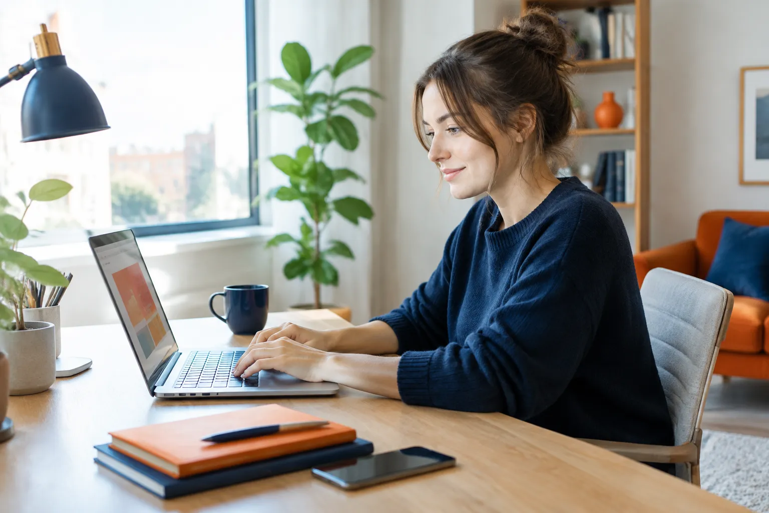 Woman working on laptop at home desk