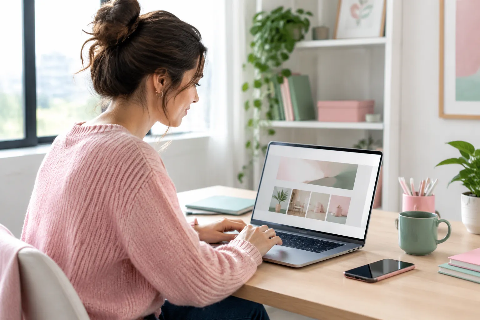 Woman working on laptop at tidy home office desk