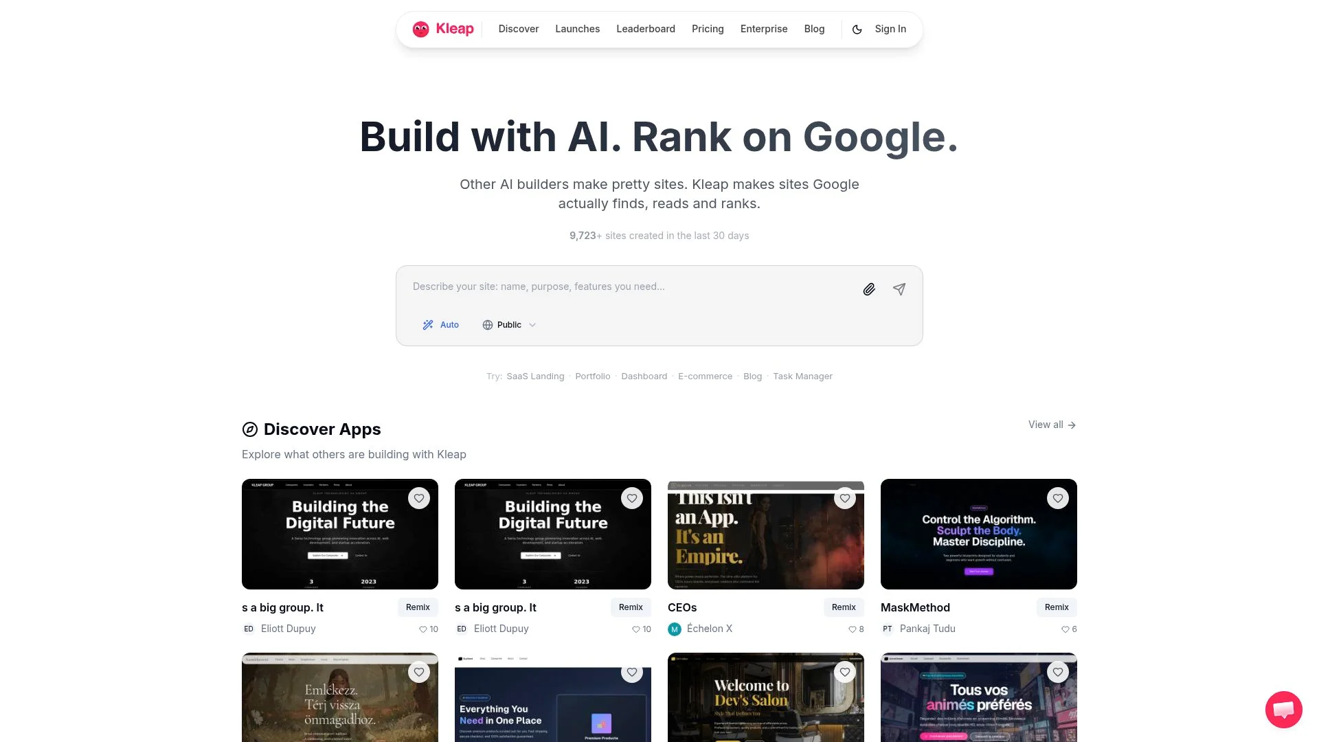 Build with AI. Rank on Google. Discover apps created with Kleap.
