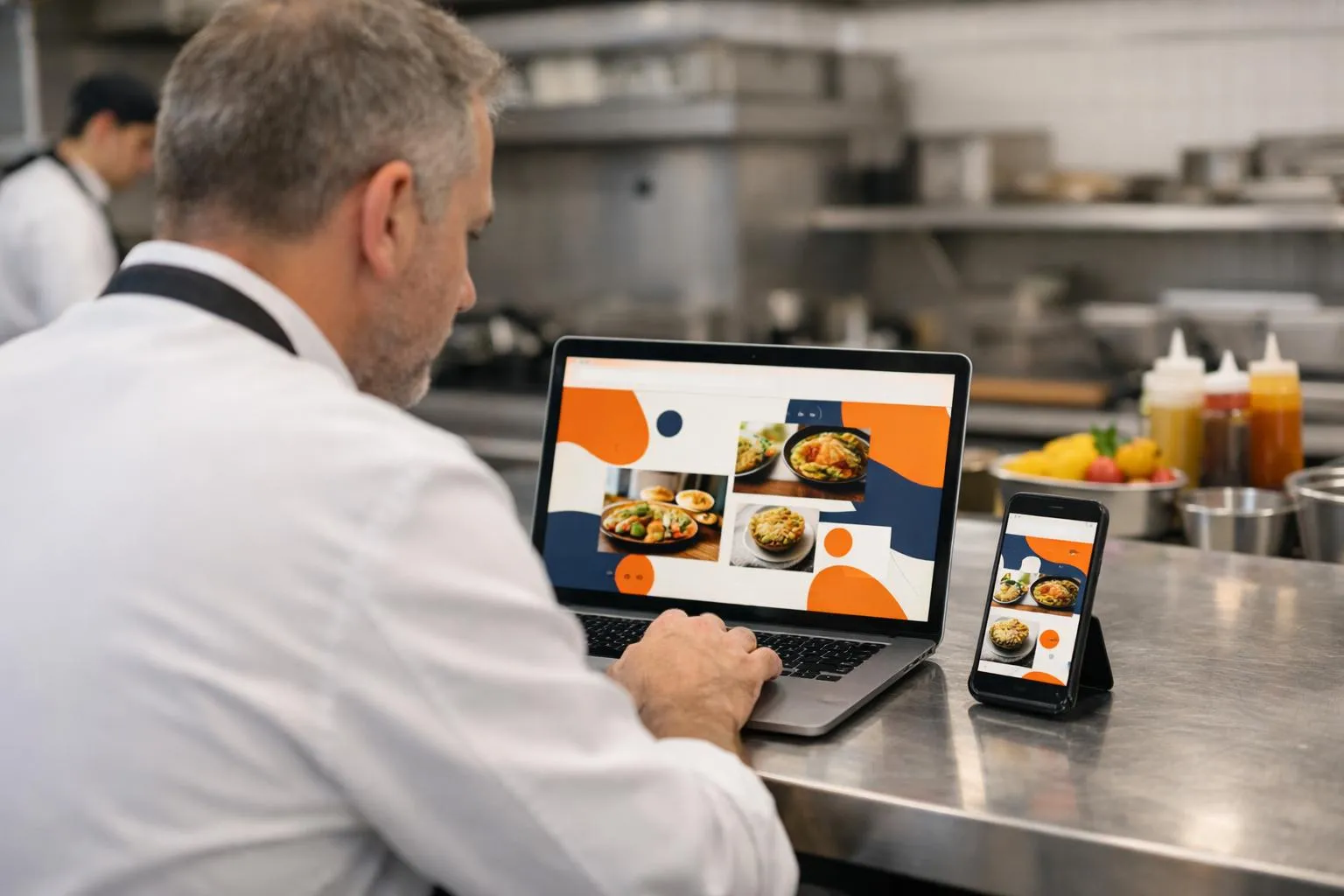 A chef reviewing food images on a laptop and mobile device.