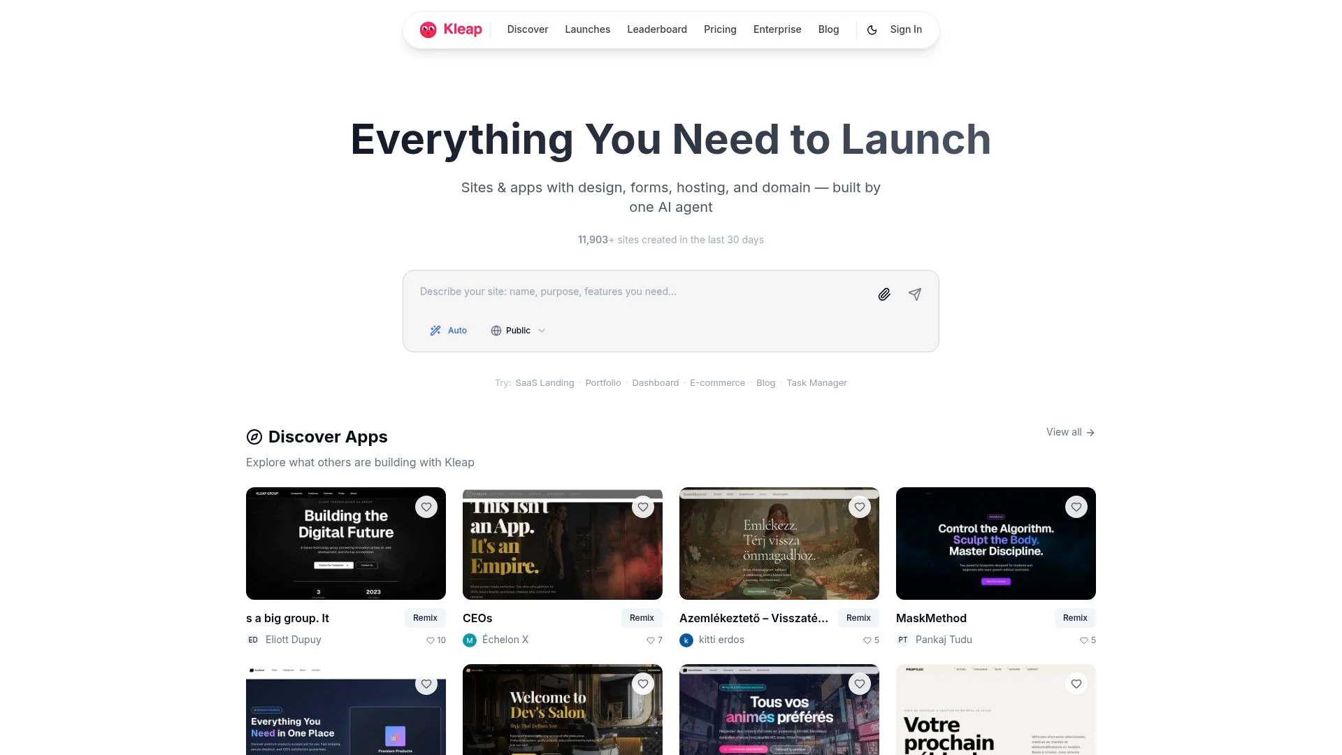Sites and apps with design, forms, hosting, and domain built by one AI agent.
