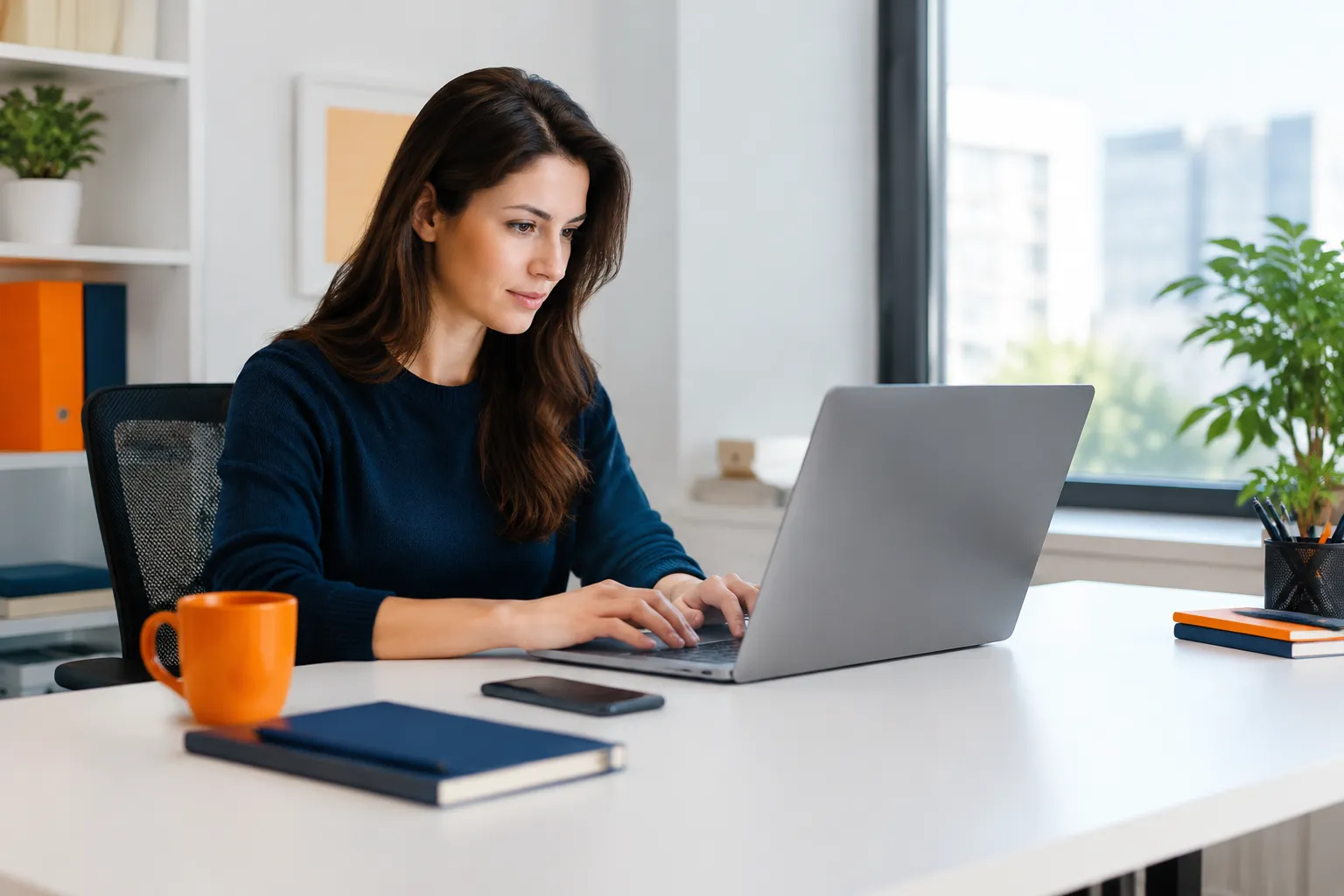 Woman working on laptop at bright home office desk