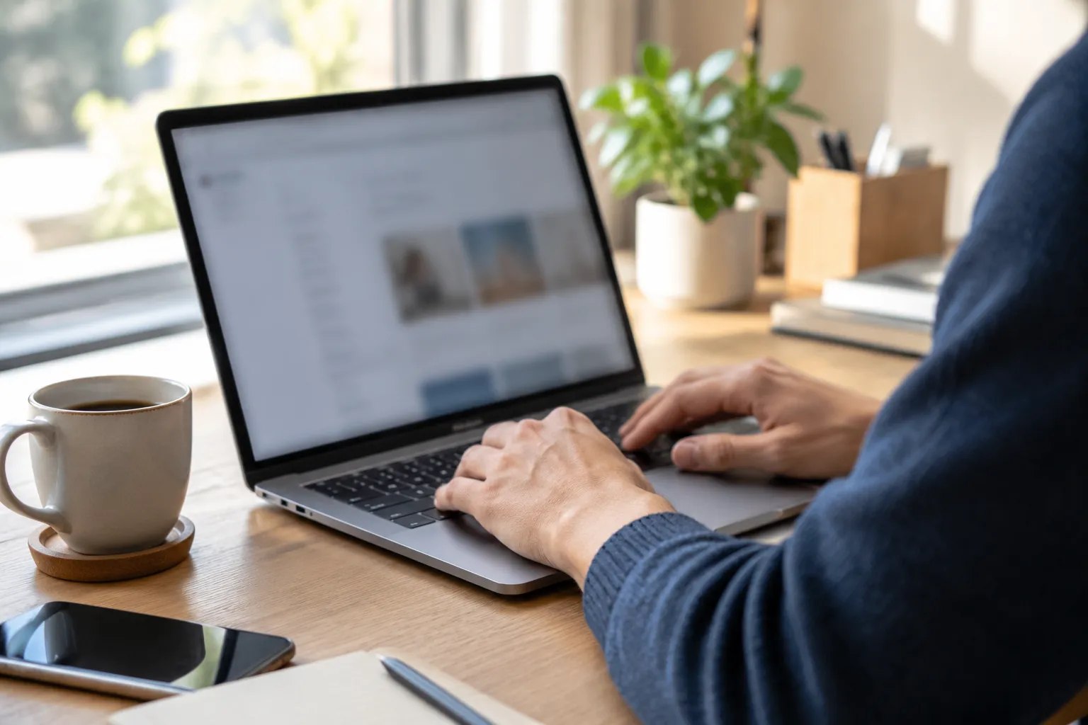 Person typing on laptop at home workspace with coffee