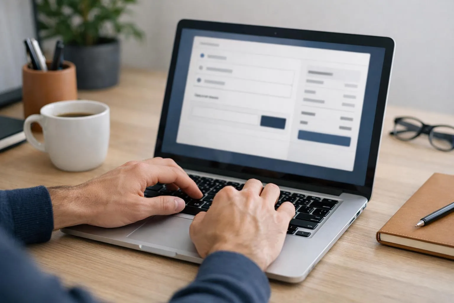 Laptop screen displaying a document, hands typing on keyboard, coffee mug, and office supplies.