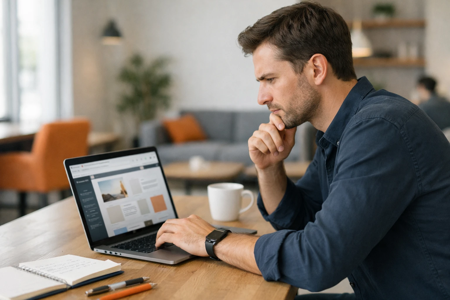 Frustrated entrepreneur staring at laptop screen showing website builder interface with visible limitations, modern co-working space setting with notes and coffee cup, realistic business photography style