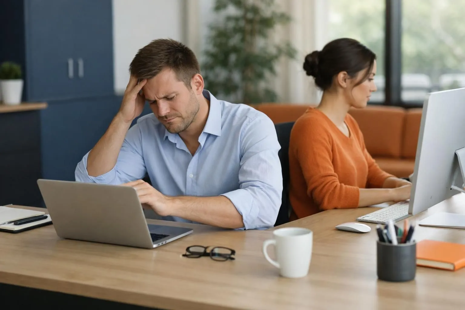 Split-screen showing a frustrated entrepreneur closing laptop after seeing registration form on left side, while on right side another person immediately dragging and dropping website elements on screen without any signup popup, modern office environment, natural lighting, realistic professional photography style