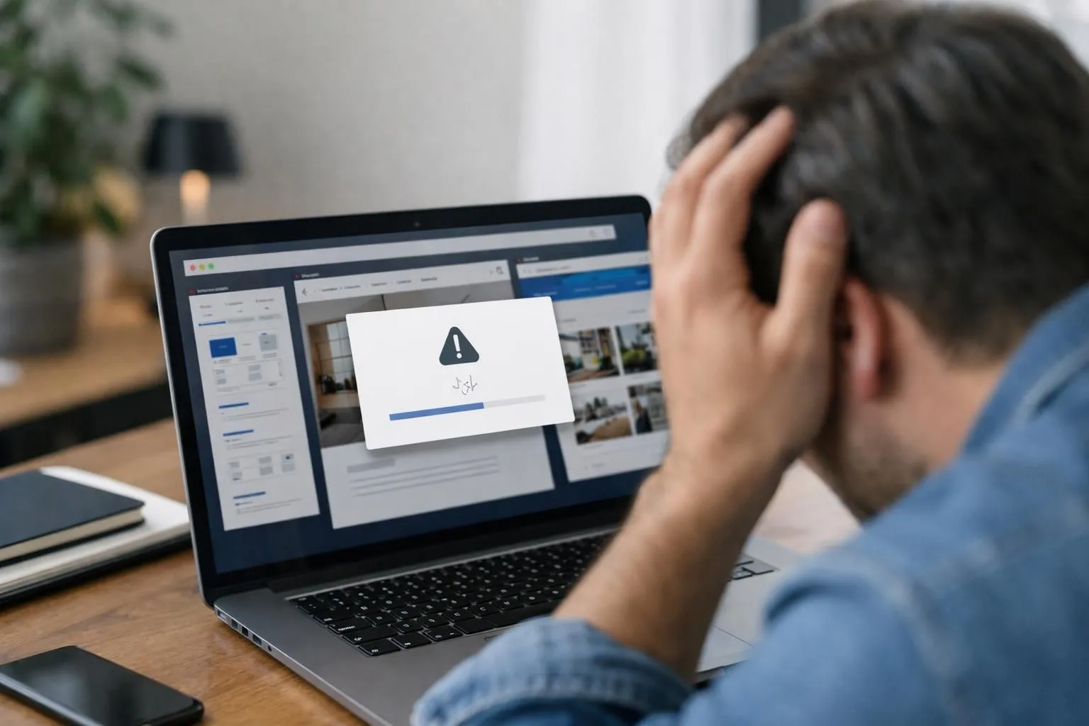 A person sitting at a laptop with multiple browser tabs open showing different AI website builder interfaces, looking frustrated as a session timeout notification appears on screen, in a modern home office setting with natural lighting