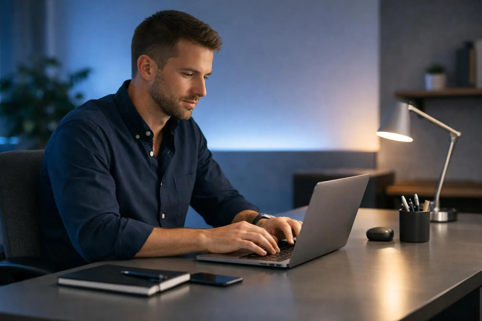 Entrepreneur working at modern desk with holographic AI interface showing website layouts and design elements floating above laptop screen, sleek office environment with ambient blue lighting and digital wireframes
