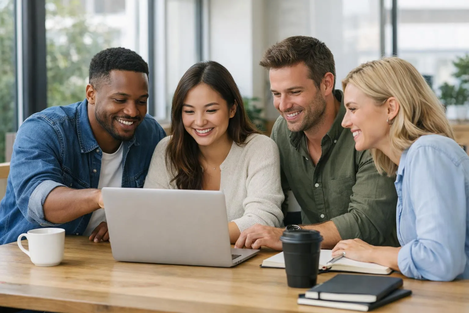 Diverse group of entrepreneurs and small business owners collaborating around laptop displaying modern website interface, bright coworking space with natural light, satisfied expressions and engaged teamwork, professional casual setting with coffee cups and notebooks, authentic work environment
