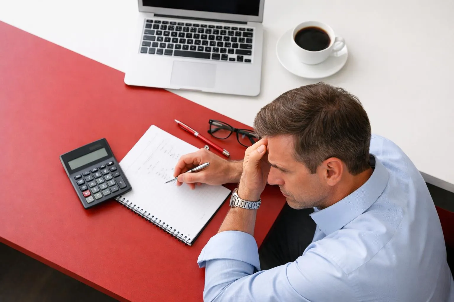 Business professional reviewing website builder pricing tiers on laptop screen with concerned expression, office desk with coffee cup and notepad showing hidden fee calculations, natural lighting through window, realistic corporate photography style for criar sites com ia article about undisclosed AI website builder costs