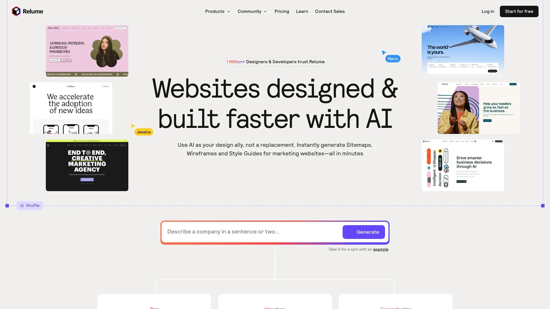 Websites designed and built faster with AI, showcasing Relume's services.