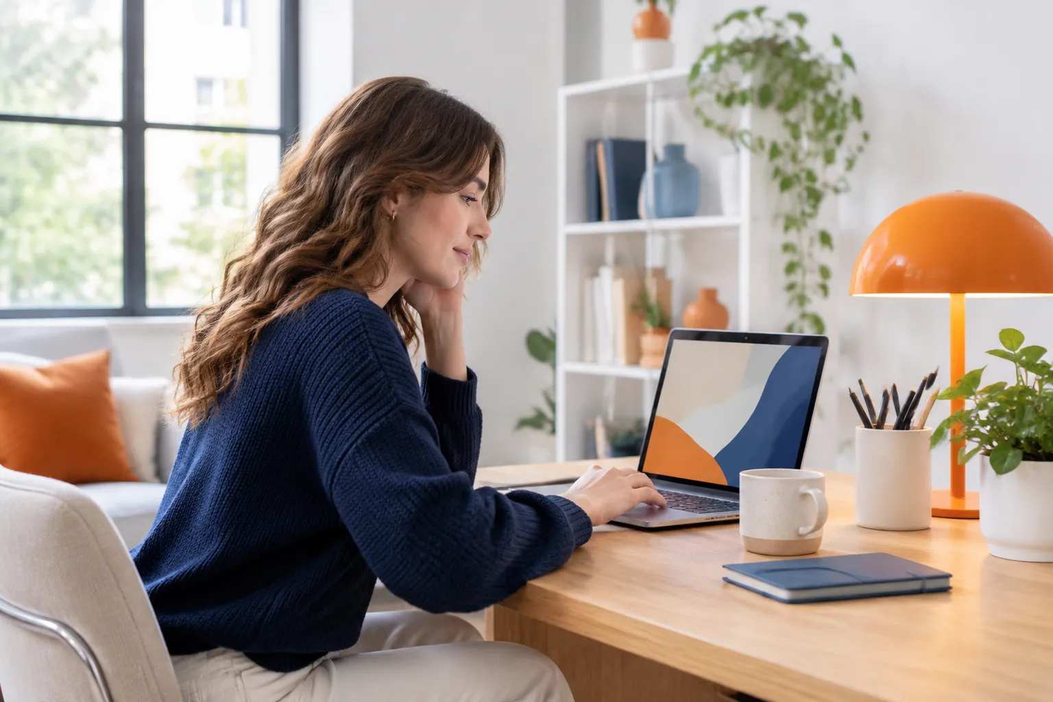 Woman working on laptop at bright home office desk